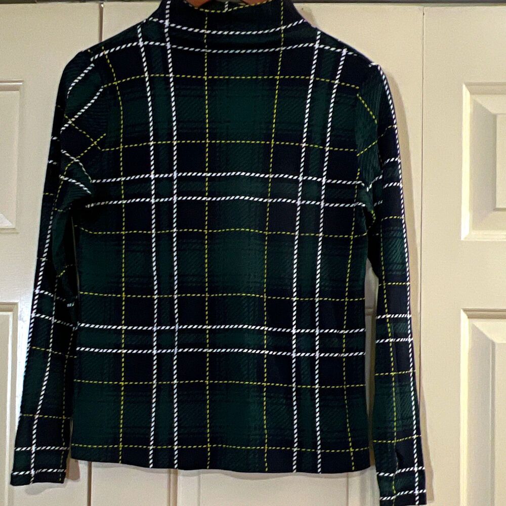 Ann Taylor Green Plaid Mock Neck Long Sleeve 100% Cotton Knit Pullover Top S